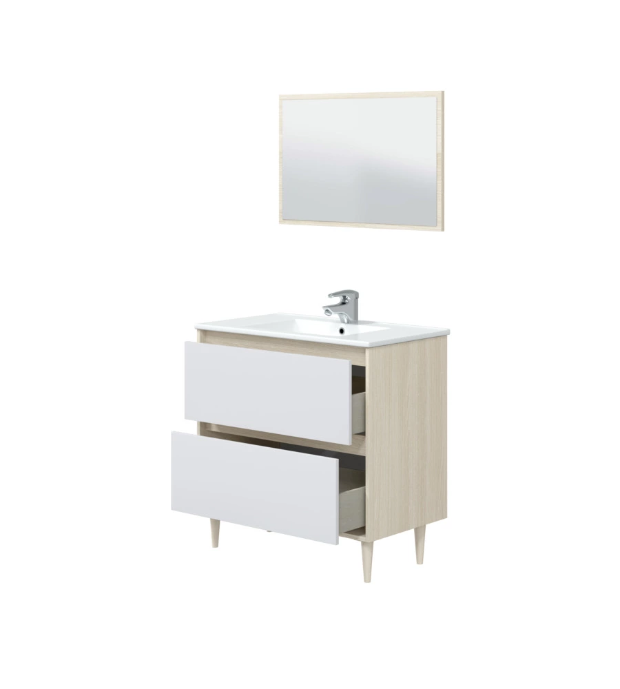 MOBILE BAGNO "VERONA" IN TRUCIOLARE MELAMINICO CON SPECCHIO COLORE BIANCO E ROVERE, 80X45X150 CM